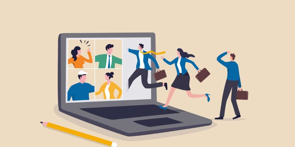 Illustration of businesspeople stepping out of a laptop screen, implying virtual meeting transition to in-person. A pencil lies beside the open laptop.