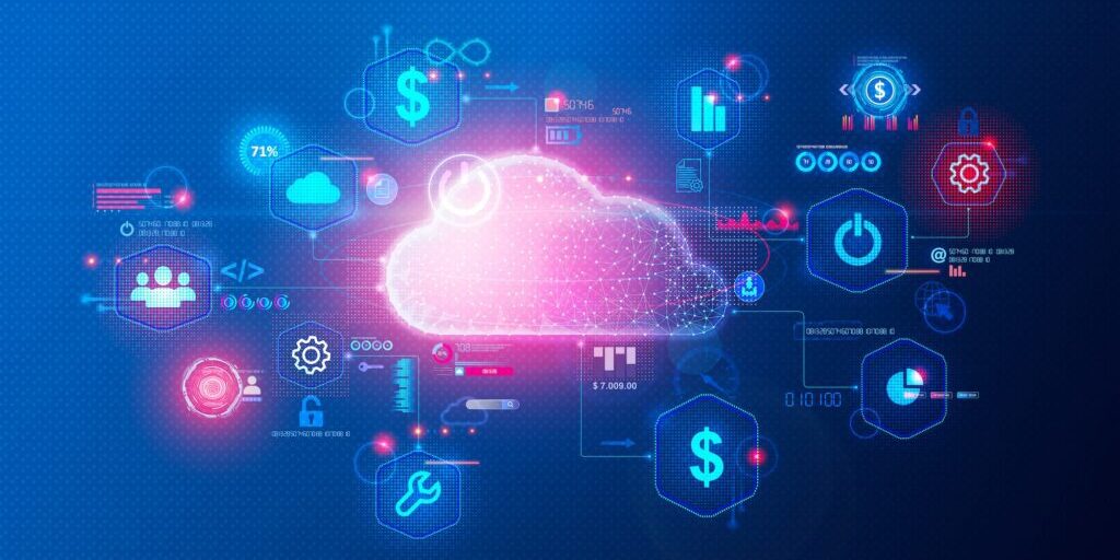 A digital cloud is surrounded by icons representing finance, technology, and security, illustrating cloud computing and online financial services driven by a robust FinOps strategy.