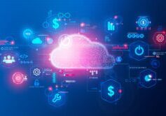 A digital cloud is surrounded by icons representing finance, technology, and security, illustrating cloud computing and online financial services driven by a robust FinOps strategy.
