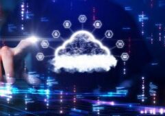 A person touches a virtual interface with a glowing cloud icon connected to various symbols, representing hybrid cloud computing and digital data networks.