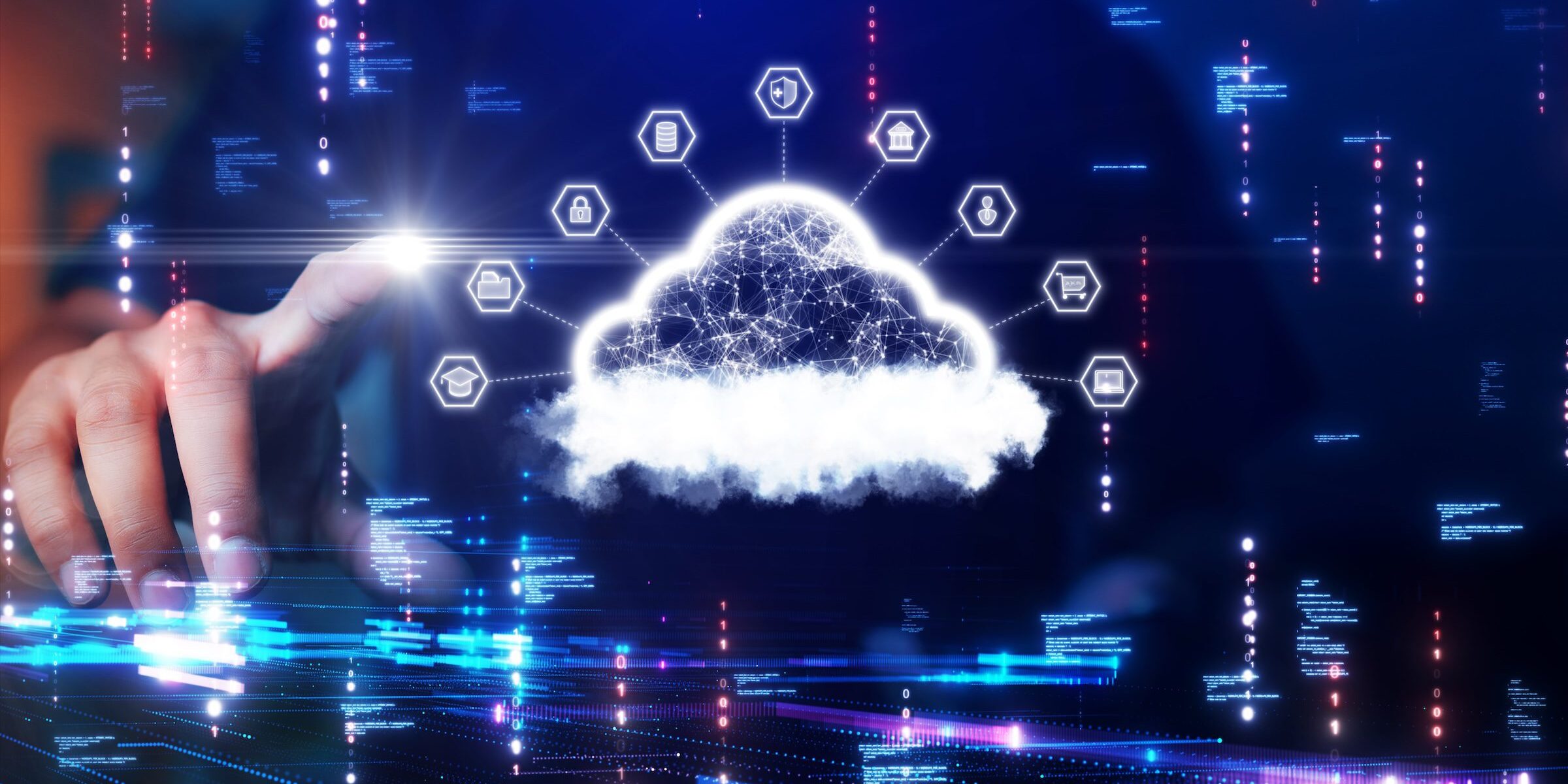 A person touches a virtual interface with a glowing cloud icon connected to various symbols, representing hybrid cloud computing and digital data networks.