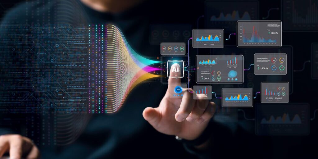 A person touches an AI icon on a virtual interface, with colorful data streams and analytic charts connected to it, symbolizing artificial intelligence, data analysis, and the emerging presence of Shadow AI.