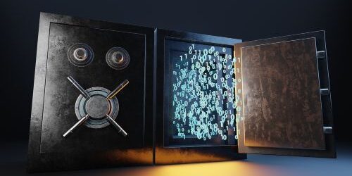 A digital safe is shown with its door open, revealing floating binary code inside, symbolizing data security and M365 cybersecurity.