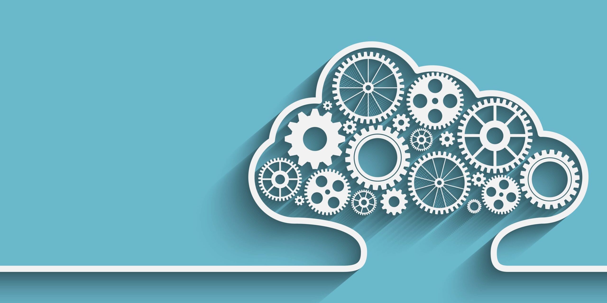 Illustration of a cloud composed of interconnected gears on a blue background, symbolizing cloud computing or technology.