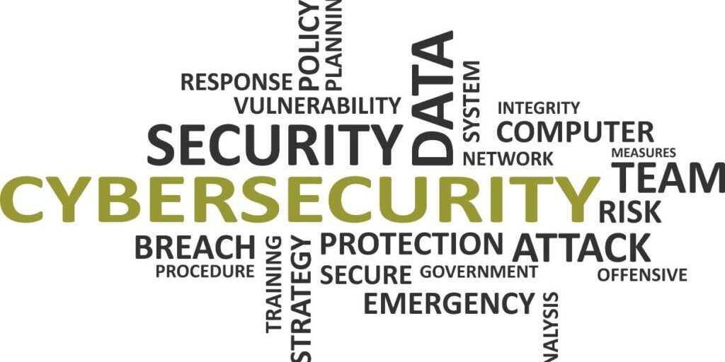 Word cloud with prominent words like "CYBERSECURITY", "SECURITY", "DATA", "TEAM," and others related to cybersecurity topics such as breach, protection, attack, emergency, Cybersecurity Talent Gaps, and policy planning.