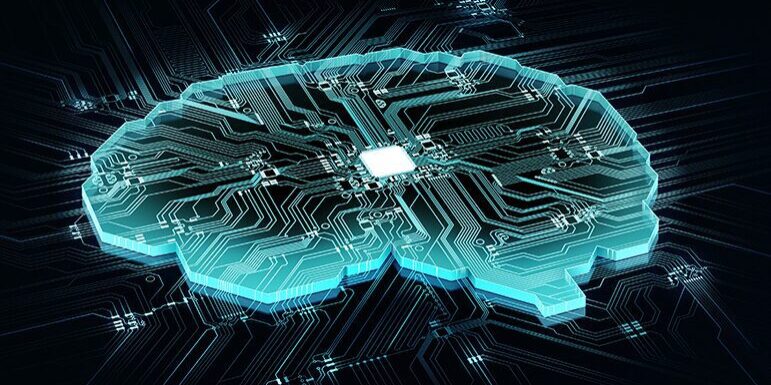Illustration of a brain-shaped circuit board with glowing lines and components on a dark background, symbolizing the concept of artificial intelligence and technology.