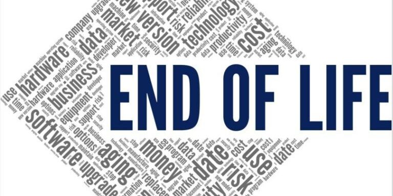 A word cloud with the large central text "End-of-Life Technology" surrounded by smaller related terms like "hardware," "software," "support," "aging," and "cost.