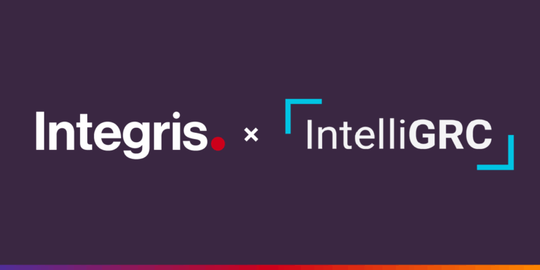 Logos of Integris and IntelliGRC displayed side by side on a dark purple background with a colored border at the bottom.