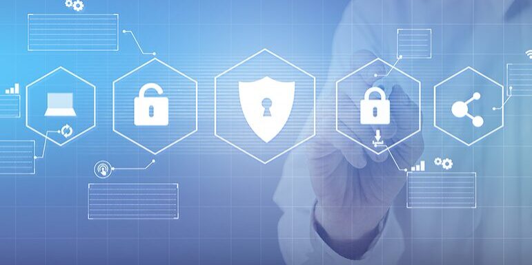A person interacts with a digital interface displaying icons of cybersecurity elements such as locks, shields, and connected devices on a blue background.