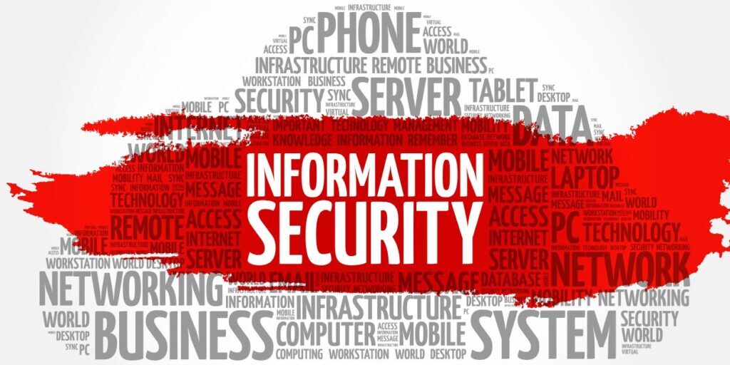 A word cloud in shades of gray and red with the phrase "Information Security" prominently at the center, surrounded by related terms like "business," "data," "networking," and "system.