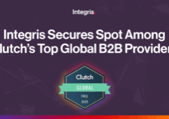 Banner announces Integris as one of Clutch's Top Global B2B MSP Providers for Fall 2025, featuring the Clutch Global badge on a dark geometric background.