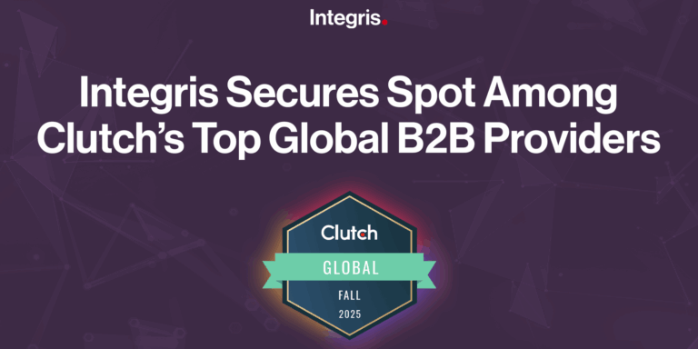 Banner announces Integris as one of Clutch's Top Global B2B MSP Providers for Fall 2025, featuring the Clutch Global badge on a dark geometric background.
