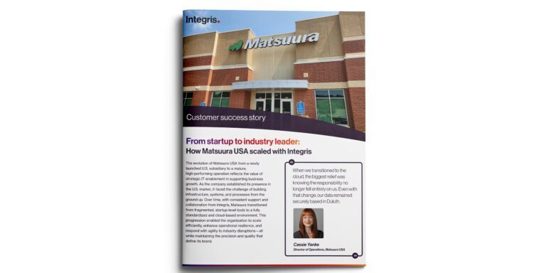 A brochure cover highlighting the Matsuura USA building exterior, titled "From startup to industry leader: How Matsuura USA scaled with Integris.”.