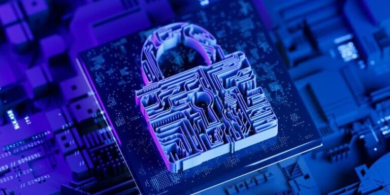 A digital lock symbol with a circuitry pattern is superimposed on a blue-toned computer circuit board, representing next-generation firewall technology and data protection.