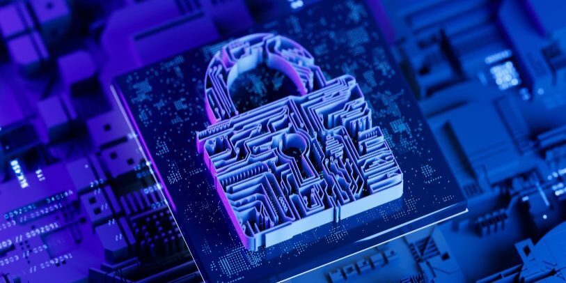 A digital lock symbol with a circuitry pattern is superimposed on a blue-toned computer circuit board, representing next-generation firewall technology and data protection.