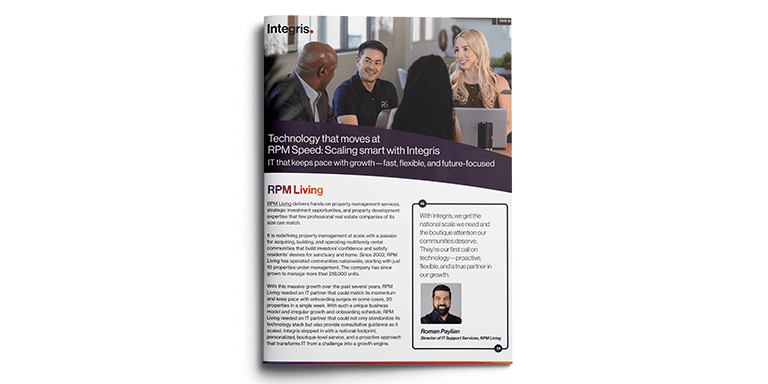 A group of four professionals sit at a table in discussion; the page features text about Integris IT solutions and a profile of Anuram Rajan from RPM Living.