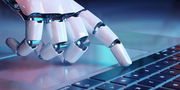 A robotic hand touches the keys of a laptop keyboard, surrounded by a blurred, blue-tinged background.