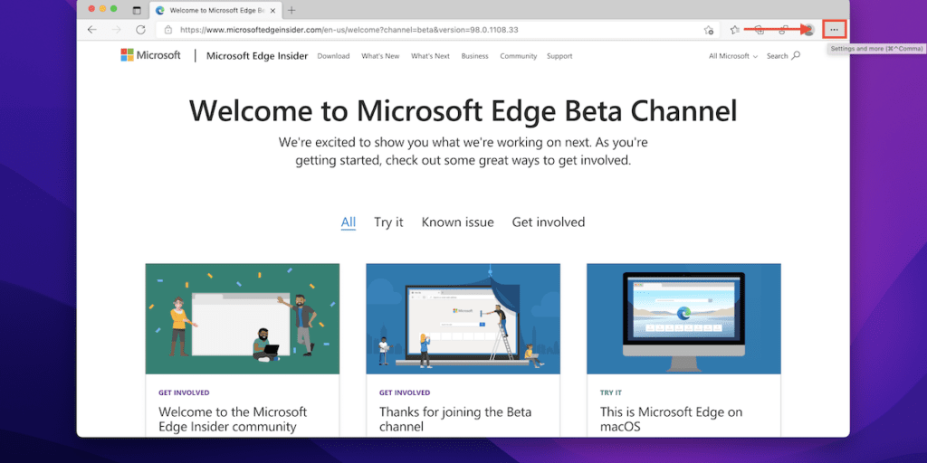 A screenshot of the Microsoft Edge Beta Channel welcome page on a macOS desktop. The page features sections on getting started, joining the beta, and using Edge on macOS.