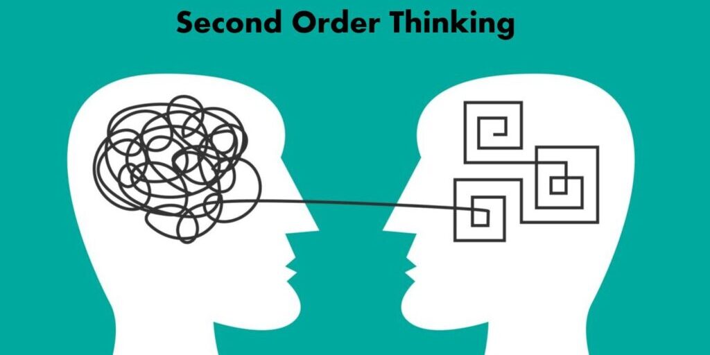 Illustration of two head silhouettes facing each other, with tangled lines in one head connected to organized lines in the other, symbolizing second order thinking. The text "Second Order Thinking" appears above them.