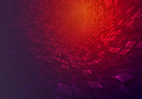 Abstract geometric tunnel with red, orange, and purple tiles creating a swirling, vortex-like effect, transitioning from dark to bright at the center.