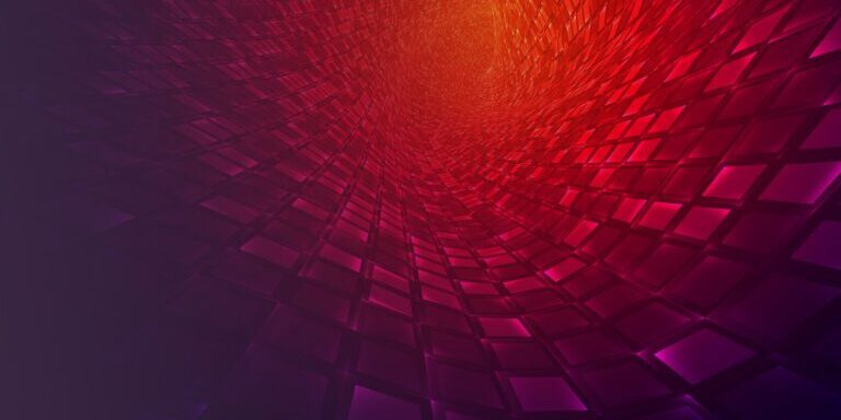 Abstract geometric tunnel with red, orange, and purple tiles creating a swirling, vortex-like effect, transitioning from dark to bright at the center.