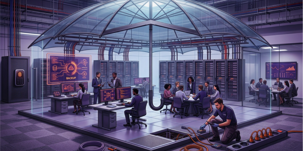 Workers monitor data servers and screens in a secure, glass-enclosed room, while a technician manages cables beneath a raised floor in a high-tech facility that benefits from fully managed IT services.