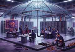 Workers monitor data servers and screens in a secure, glass-enclosed room, while a technician manages cables beneath a raised floor in a high-tech facility that benefits from fully managed IT services.