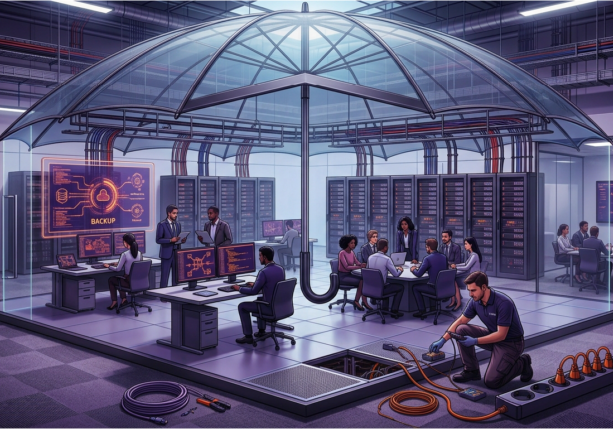 Workers monitor data servers and screens in a secure, glass-enclosed room, while a technician manages cables beneath a raised floor in a high-tech facility that benefits from fully managed IT services.