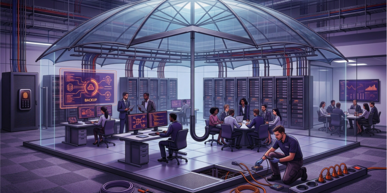 Workers monitor data servers and screens in a secure, glass-enclosed room, while a technician manages cables beneath a raised floor in a high-tech facility that benefits from fully managed IT services.