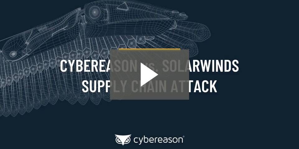 Title slide with text "Cybereason vs. SolarWinds Supply Chain Attack" overlaid on an abstract blueprint of a wing, accompanied by the Cybereason logo at the bottom.
