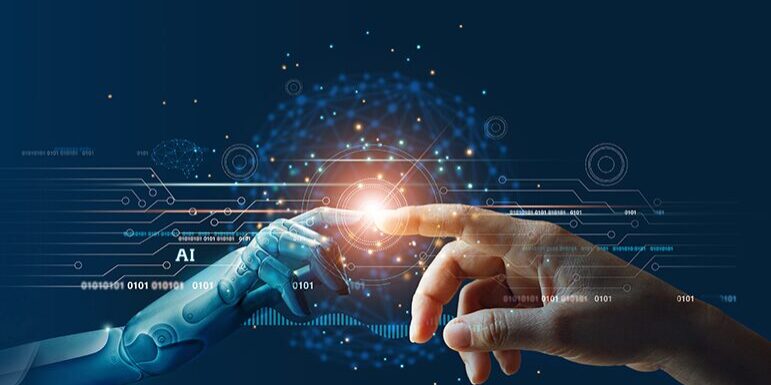 A robotic hand and a human hand reaching toward each other with their fingertips almost touching, surrounded by glowing lines and digital symbols, symbolizing AI and human interaction.