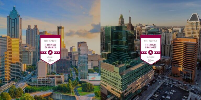 A split image shows cityscapes of Atlanta on the left and Baltimore on the right, each labeled with a banner reading Most Reviewed IT Services Companies.