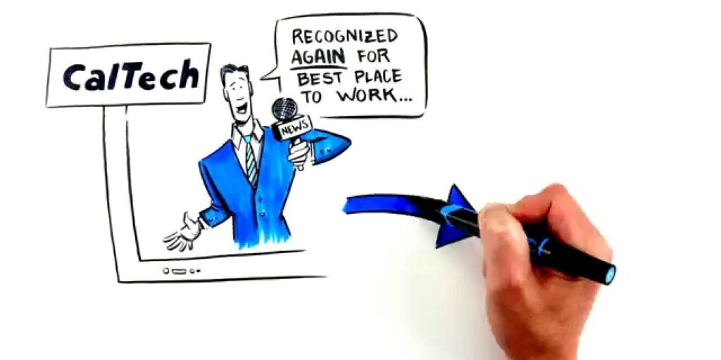 A hand draws a blue arrow while a cartoon news reporter on a screen with a "CalTech" sign says, "Recognized again for best place to work...