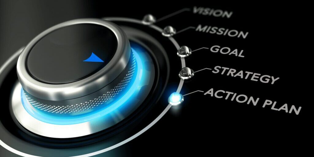 A knob with blue lighting labeled with different levels: Vision, Mission, Goal, Strategy, and Action Plan.