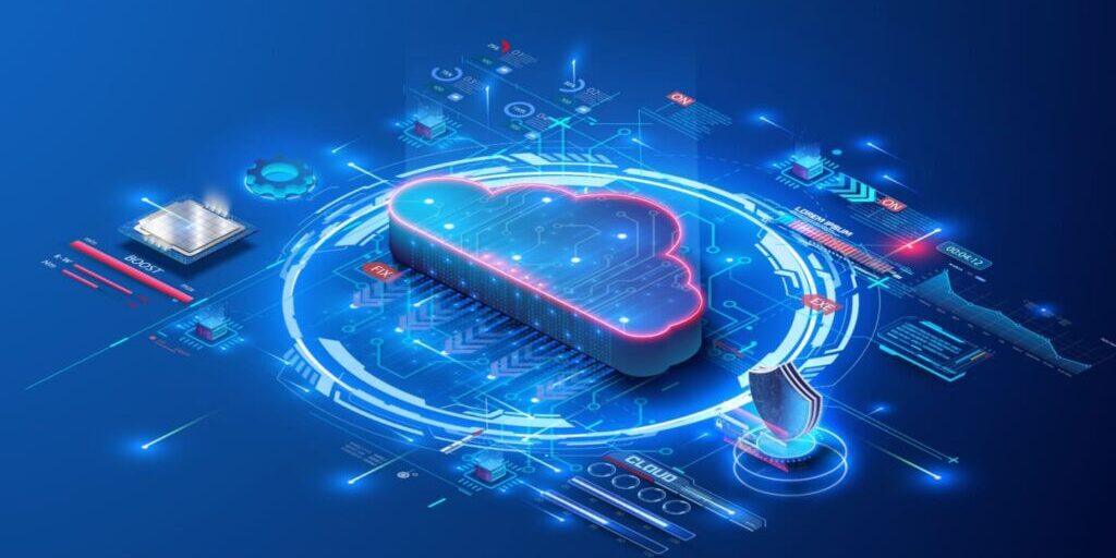 A digital illustration of a cloud with holographic circuitry and data elements surrounding it, representing cloud computing technology.