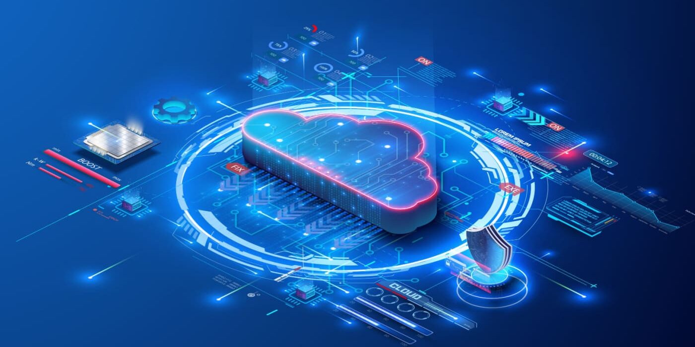 A digital illustration of a cloud with holographic circuitry and data elements surrounding it, representing cloud computing technology.