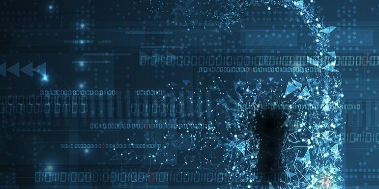 A digital illustration of a human head silhouette formed by interconnected blue lines and dots, surrounded by binary code and abstract technological designs on a dark background.