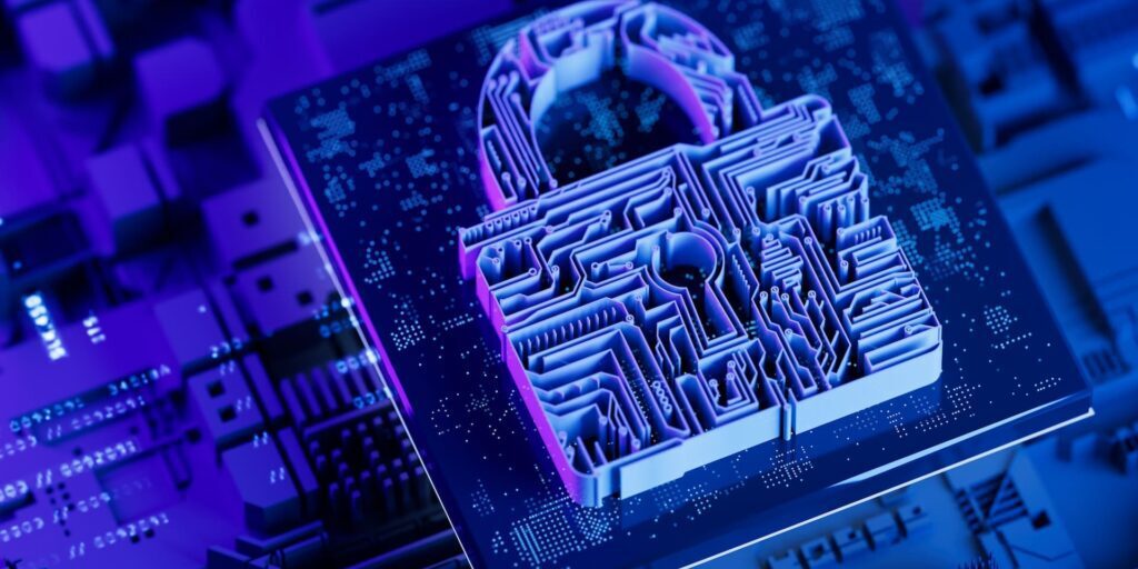 A 3D illustration of a digital padlock circuit design standing on a reflective blue motherboard, symbolizing cybersecurity.