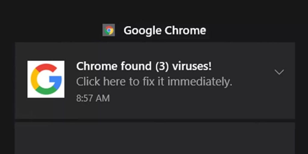 Example of fake Chrome notification saying "Chrome found 3 viruses"