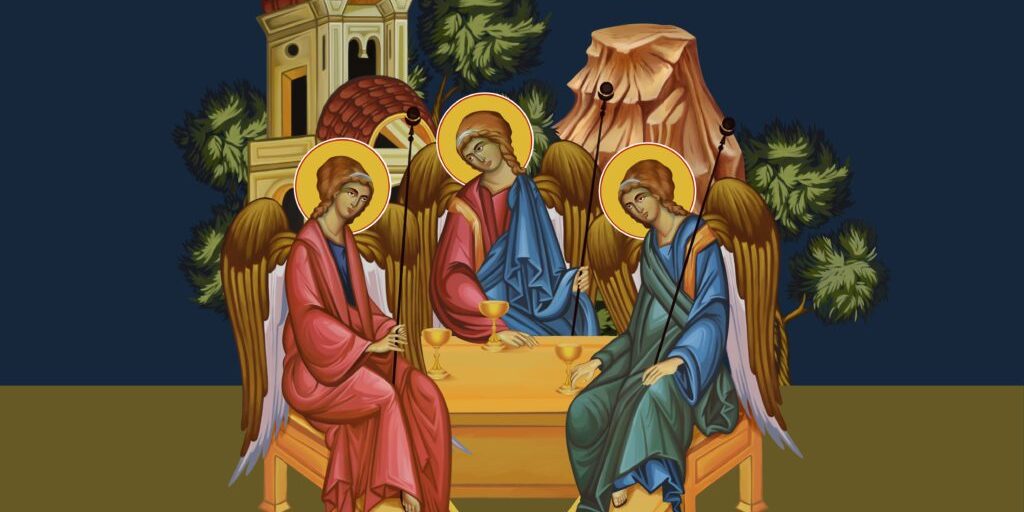 Three haloed figures with wings sit around a table in a traditional religious icon style, with a building and trees in the background.