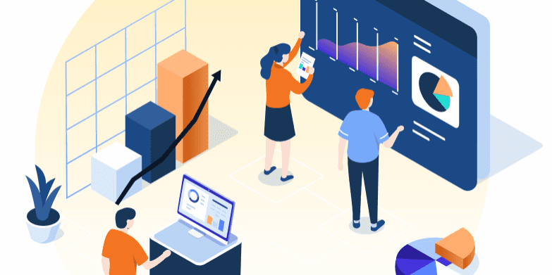 Illustration of three people analyzing charts and graphs on large screens and devices, depicting data analysis and teamwork in an IT consulting setting. A plant and assorted charts are also present in the scene.