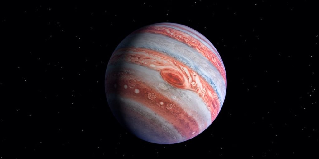 A digitally rendered image of Jupiter with its distinct, multicolored bands and the Great Red Spot set against a backdrop of stars.