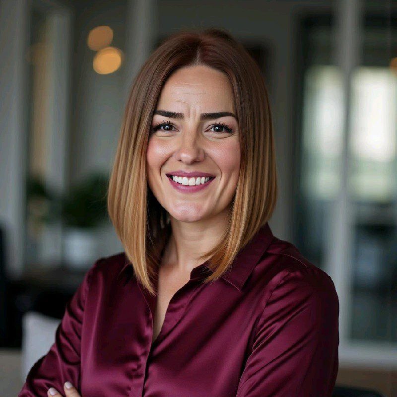 Woman with straight, shoulder-length light brown hair, in a maroon satin blouse, smiling with arms crossed in a modern indoor setting—ideal for representing professionals in regulated industry IT services.