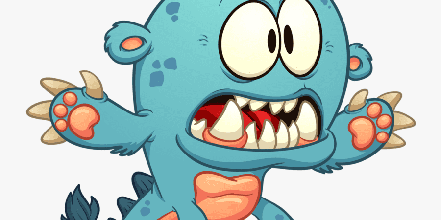 A cartoon blue monster with three small horns, one large eye, sharp teeth, and an orange belly stands with a surprised expression, arms raised, and paws visible.