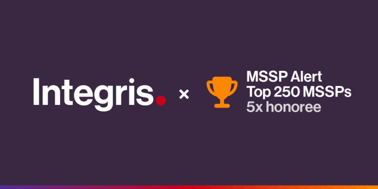 Integris logo next to a trophy icon with text: "MSSP Alert Top 250 MSSPs 5x honoree" on a dark background.
