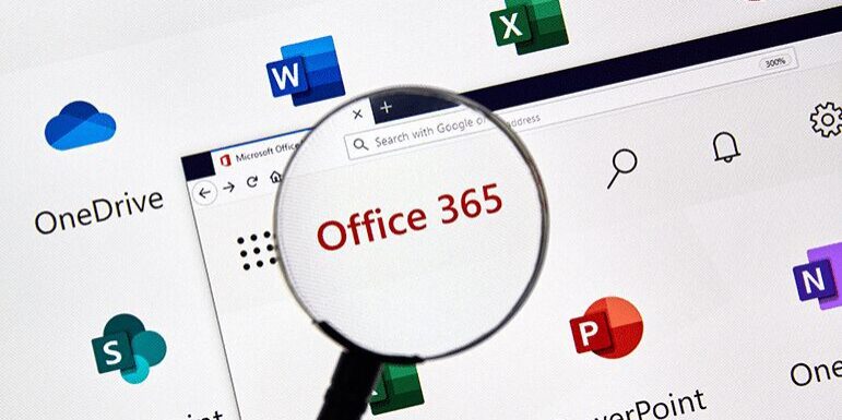 A magnifying glass focuses on "Office 365" displayed on a computer screen, surrounded by icons for various Microsoft Office applications including Word, Excel, PowerPoint, OneDrive, and SharePoint.
