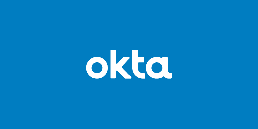 Logo of Okta with the company name in lowercase, white letters centered on a solid blue background.