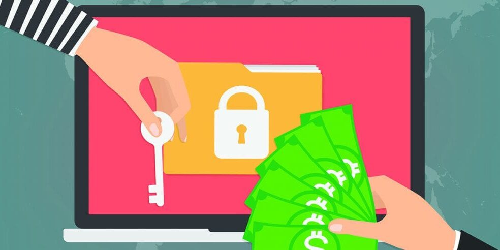 businessman hand holding money banknote for paying the key from hacker for unlock folder got ransomware malware virus computer from hacker on internet. Vector illustration business technology data privacy and security concept.