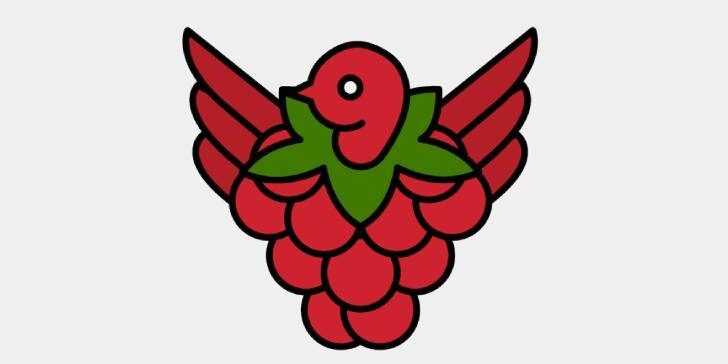 A stylized illustration of a bird made from red raspberries and green leaves, with wings spread wide.