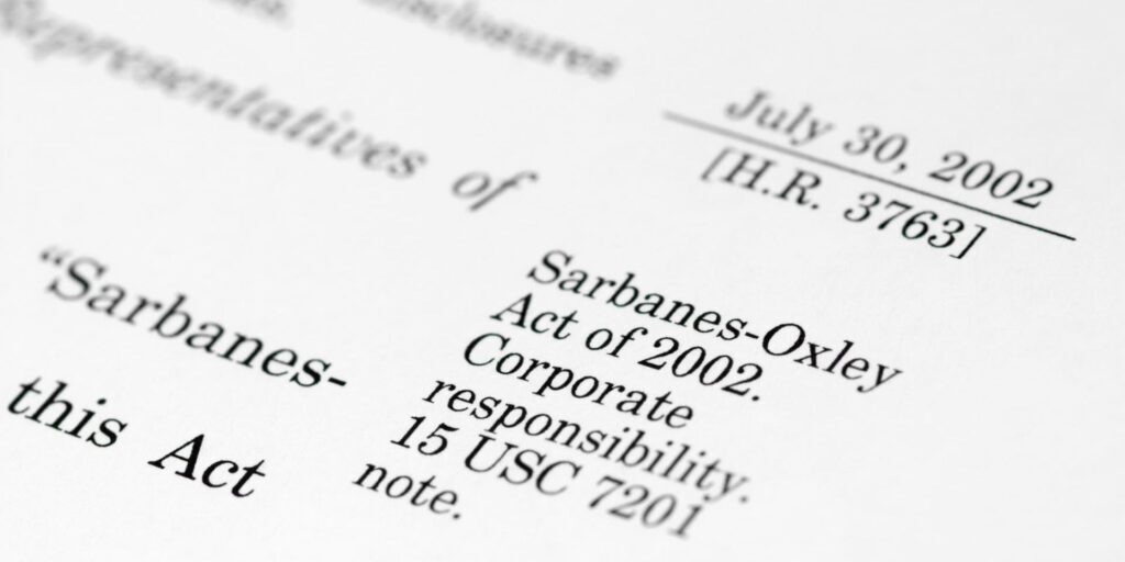 Close-up of a document highlighting the Sarbanes-Oxley Act of 2002, focusing on the date July 30, 2002, and the reference to corporate responsibility under 15 USC 7201.